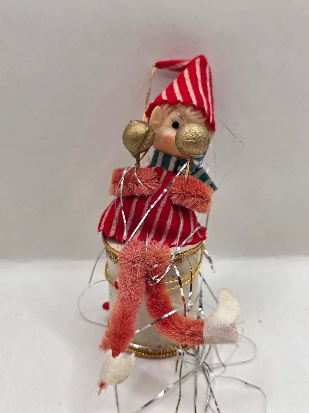 Vintage Pixie Elf Ornament Sitting on Drum Red Striped Tinsel
